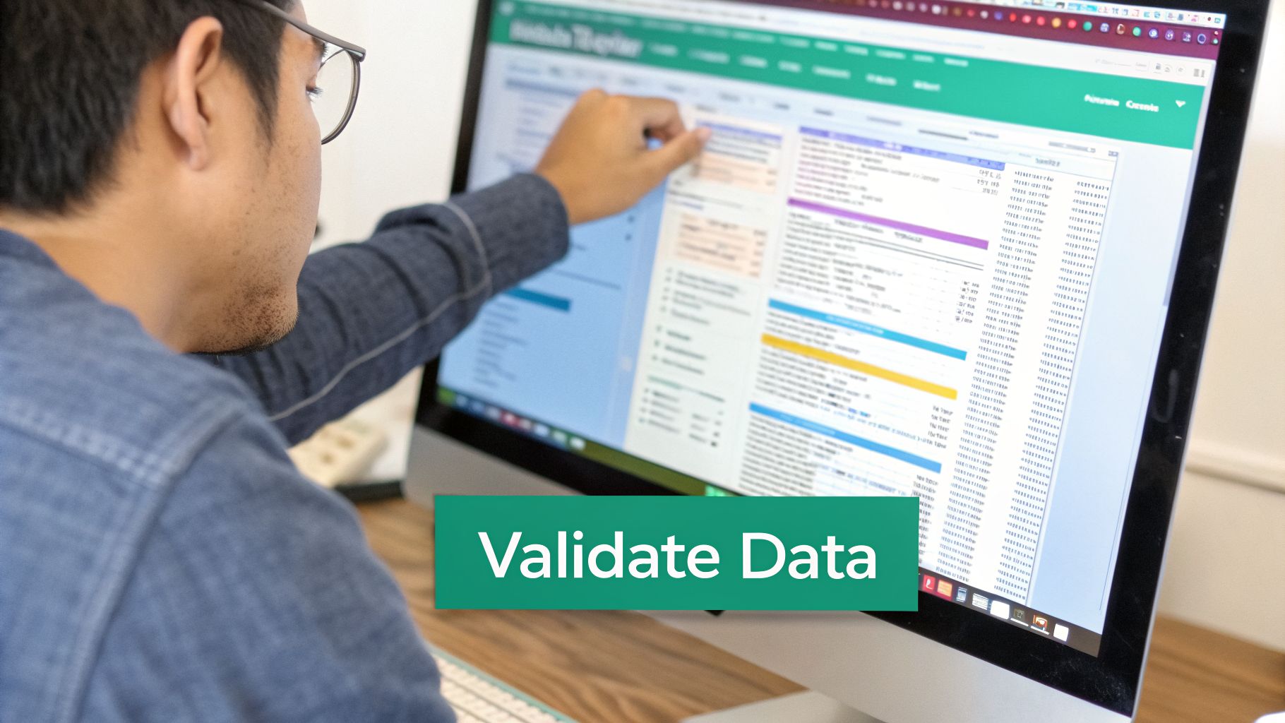 A person wearing glasses and a denim shirt points at data on a computer screen, with 'Validate Data' text.