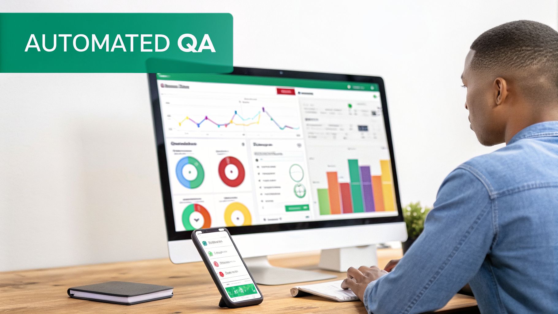 A man views a computer monitor and smartphone displaying data dashboards, with an 'AUTOMATED QA' banner.