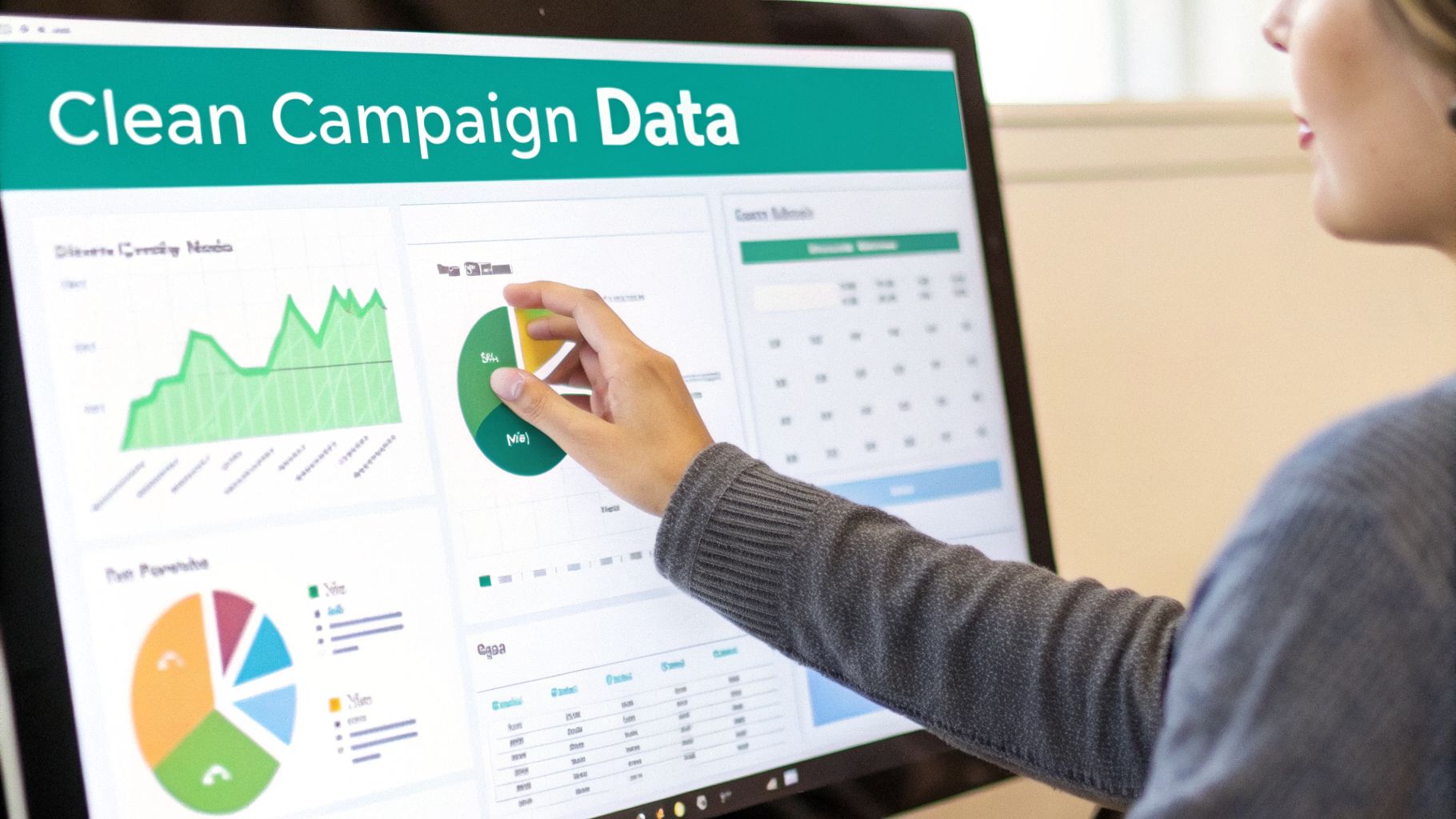Person pointing at a computer screen showing 'Clean Campaign Data' with various charts and graphs.