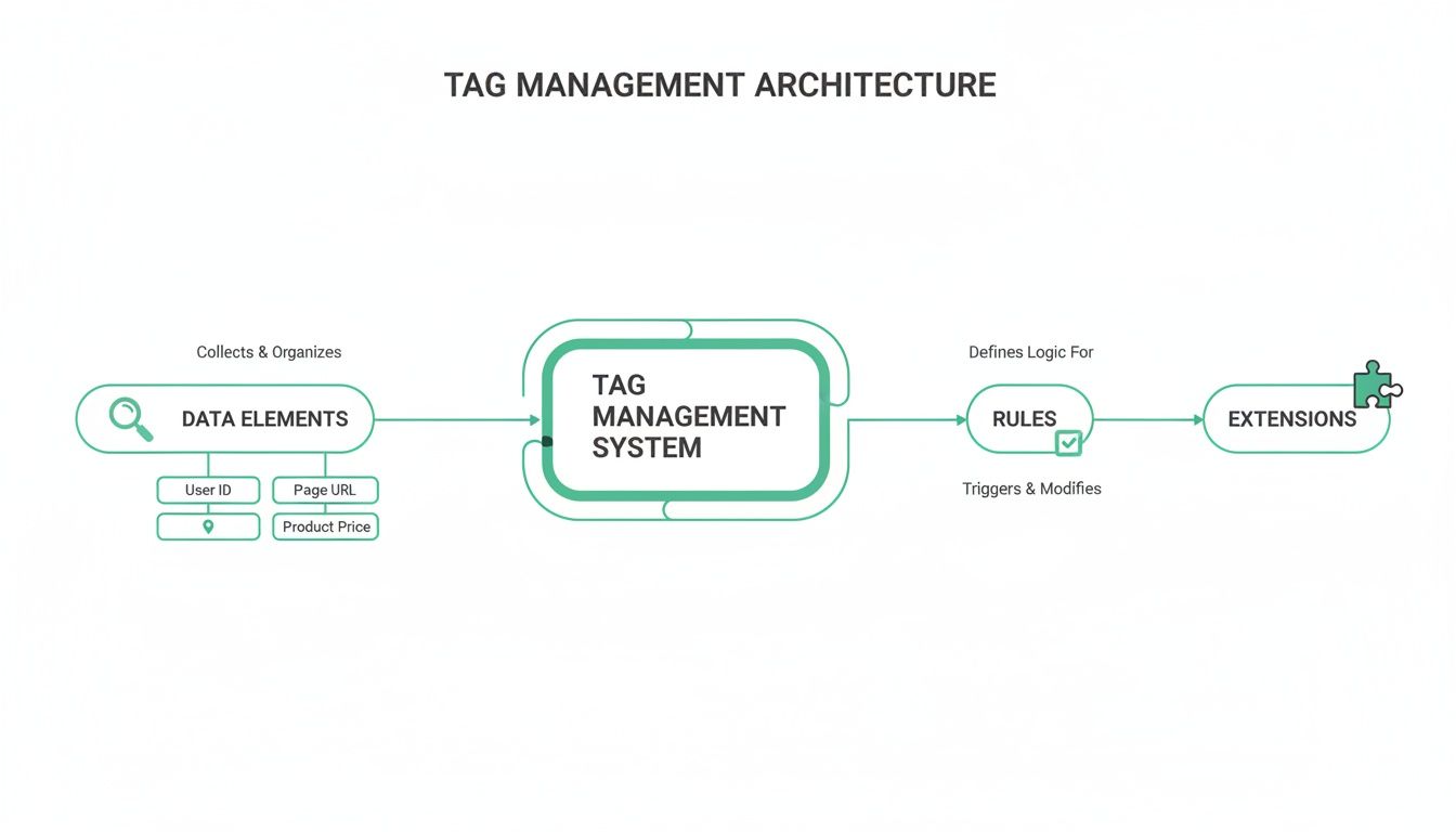 Flowchart detailing Tag Management Architecture, showing data elements, the system, rules, and extensions interaction.