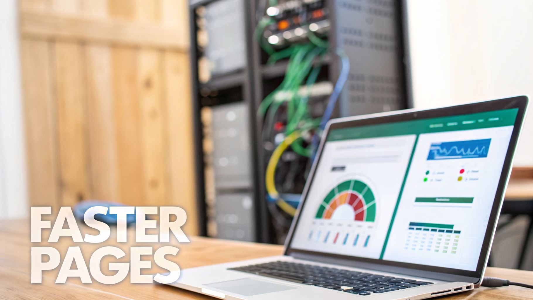 Laptop displaying performance analytics charts, with server racks in the background and 'FASTER PAGES' text.