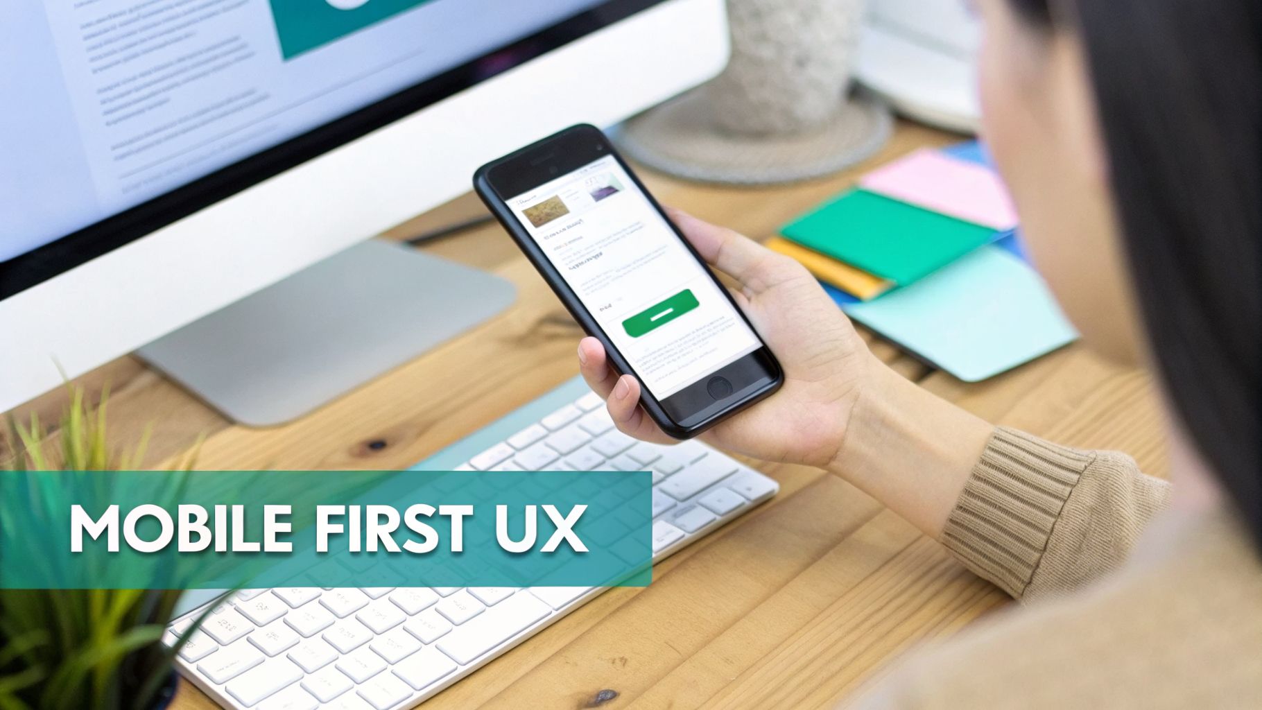 A person holds a smartphone displaying a website, illustrating mobile-first UX design principles.