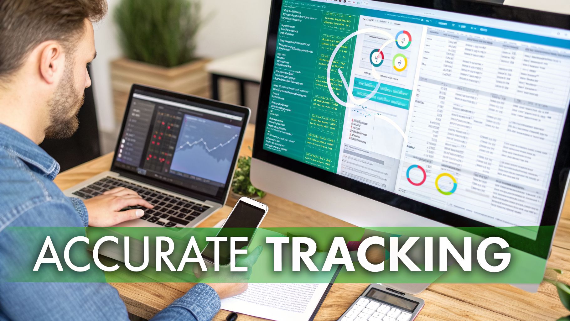 A man analyzing data on a laptop and large monitor, displaying graphs, charts, and financial information.