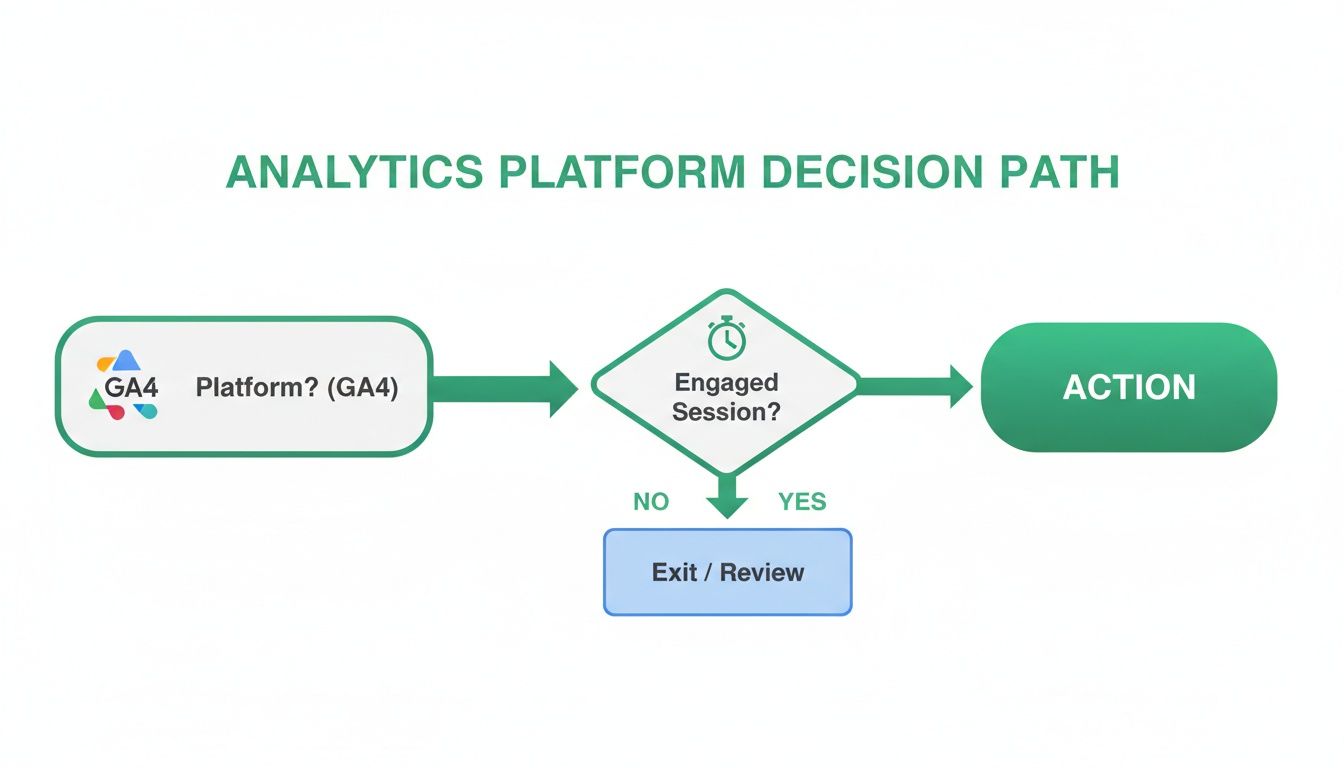 Flowchart illustrating the GA4 Analytics Platform Decision Path based on engaged sessions.