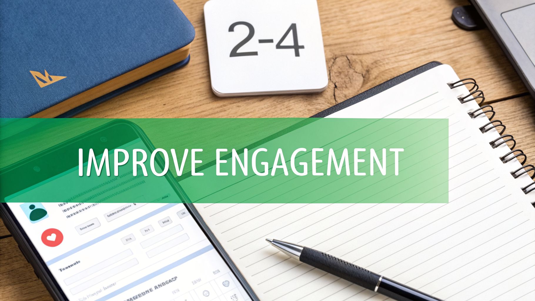 A desk setup with a smartphone, notebook, and book, featuring text overlay 'IMPROVE ENGAGEMENT'.