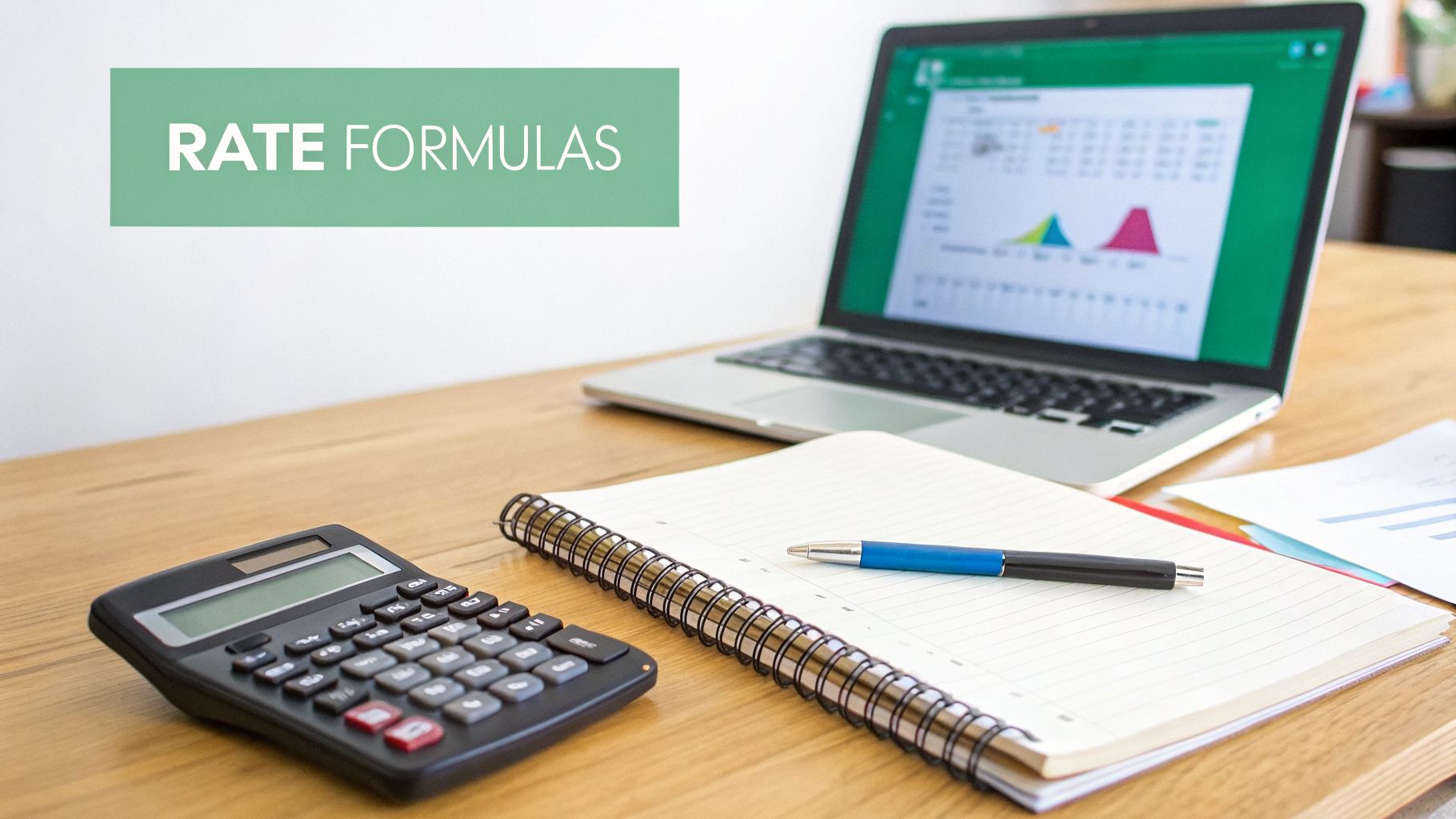 A desk with a laptop showing charts, calculator, notebook, and pen. Text says 'RATE FORMULAS'.
