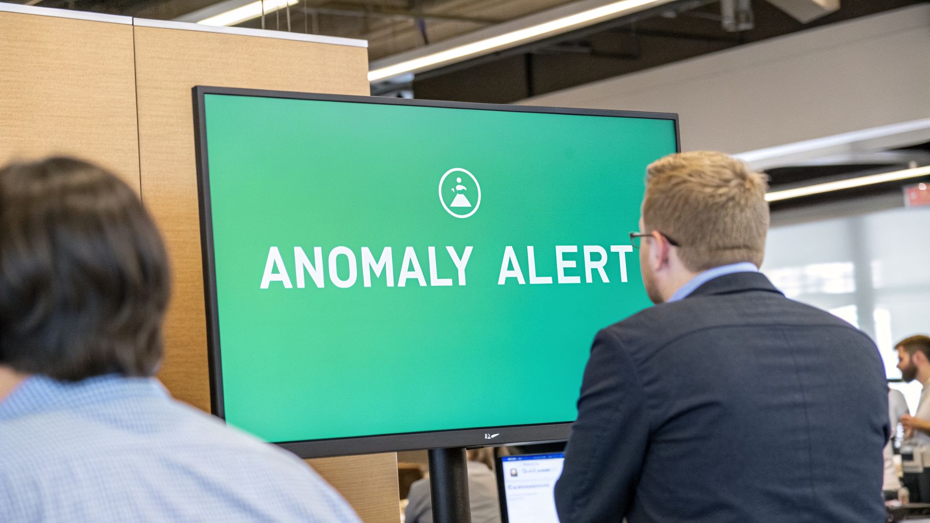 A monitor displays a green screen with 'ANOMALY ALERT' and an icon, viewed by two people.