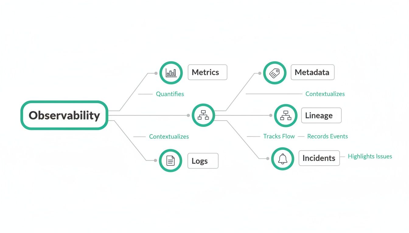 A detailed mind map illustrates data observability, showing its key components: Metrics, Logs, Metadata, Lineage, and Incidents.