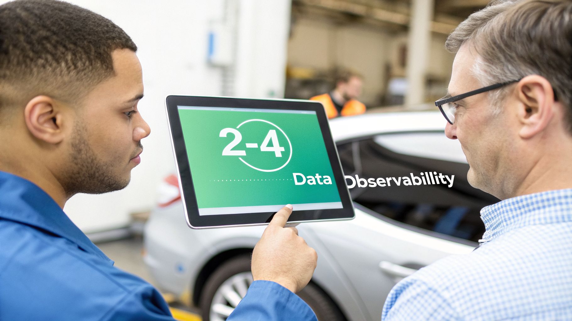 Two men examine a tablet displaying 'Data observability' data in an industrial setting.