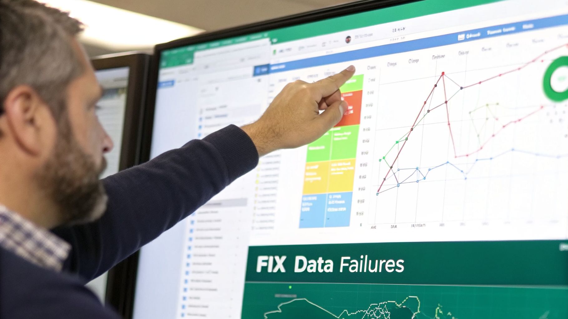 A man pointing at a computer screen displaying data charts, graphs, and 'FIX Data Failures'.