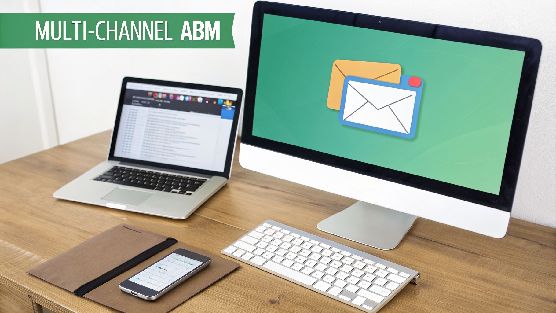 A desk with a laptop, desktop monitor displaying email icons, a smartphone, and a keyboard for multi-channel ABM.