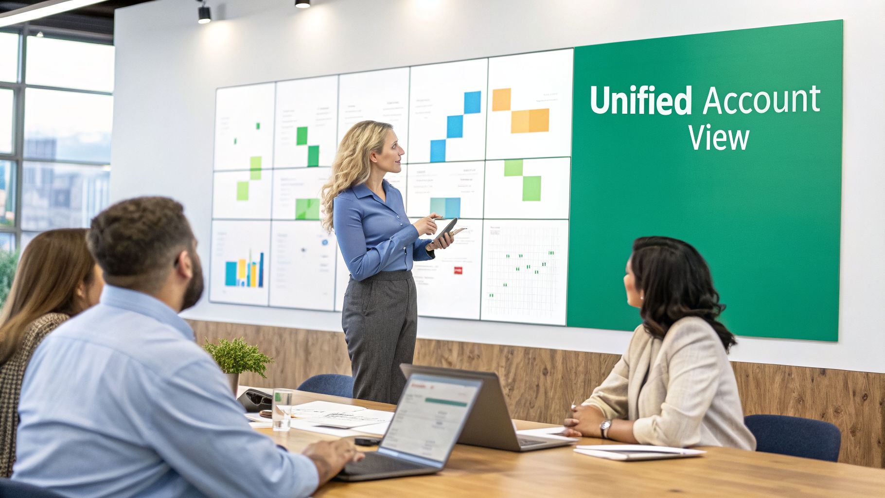 A woman presents data and charts on a large digital screen to colleagues in a modern office meeting.