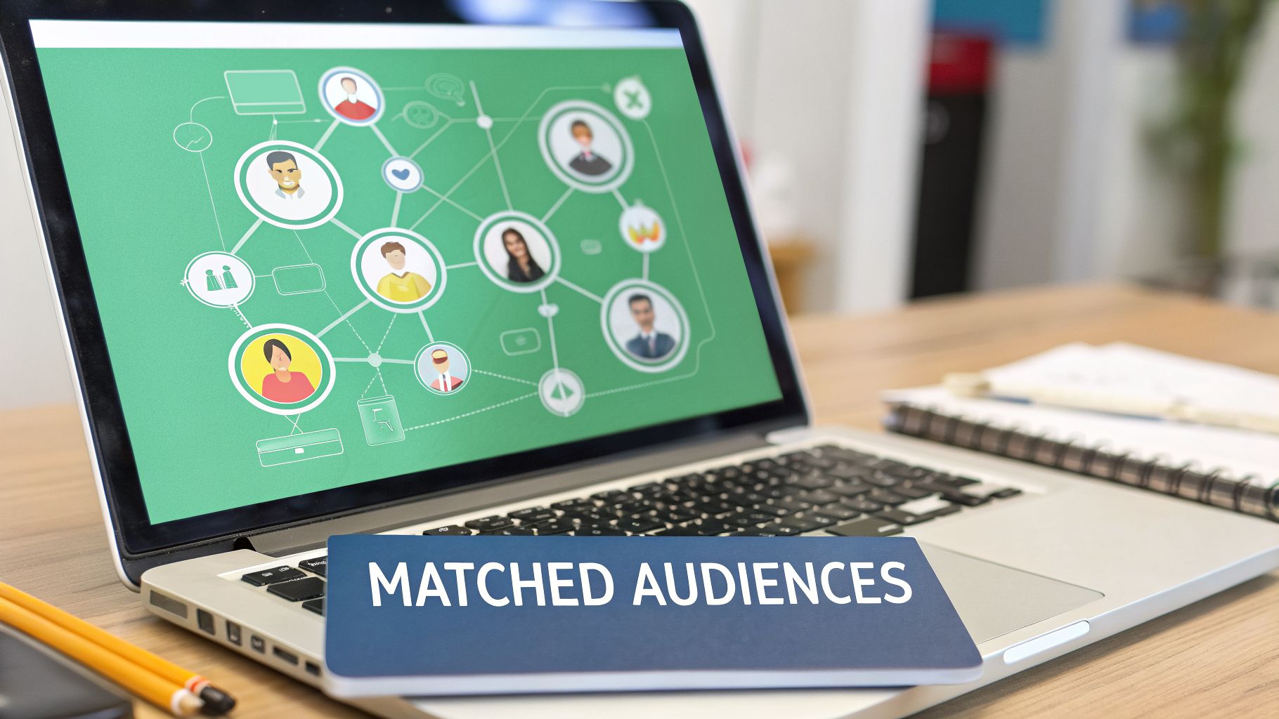 A laptop screen displays a network of connected user profiles, with a 'MATCHED AUDIENCES' notebook on the keyboard.