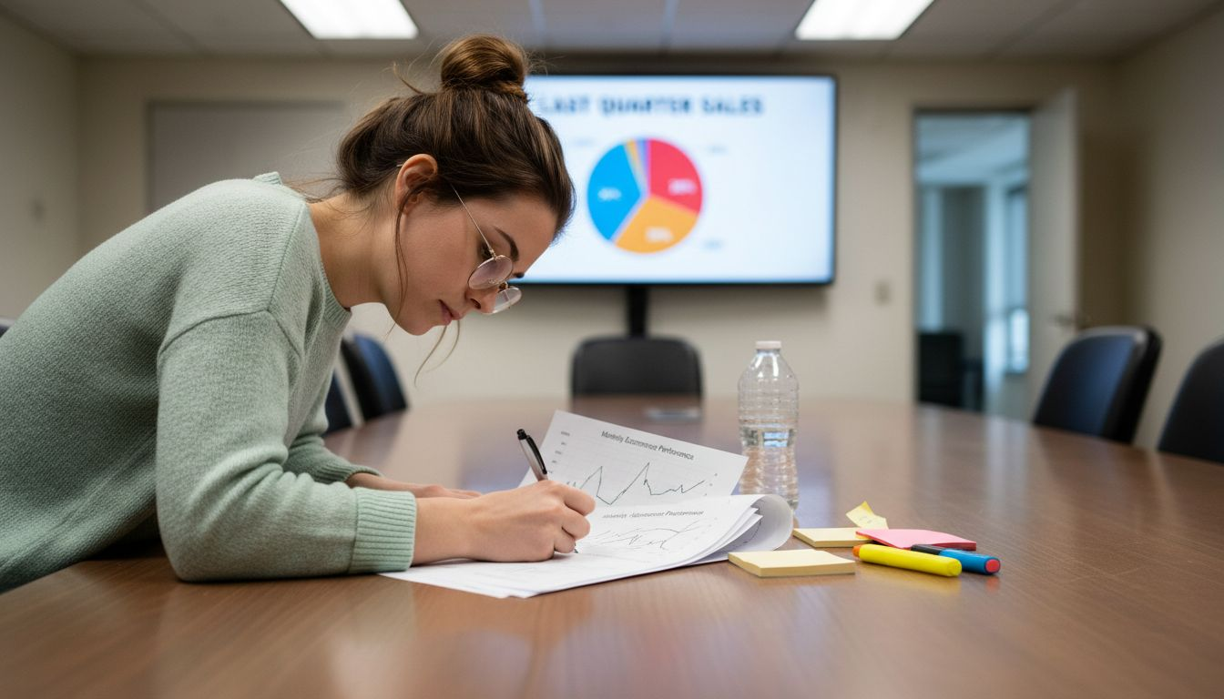 Analyst taking notes on sales reports