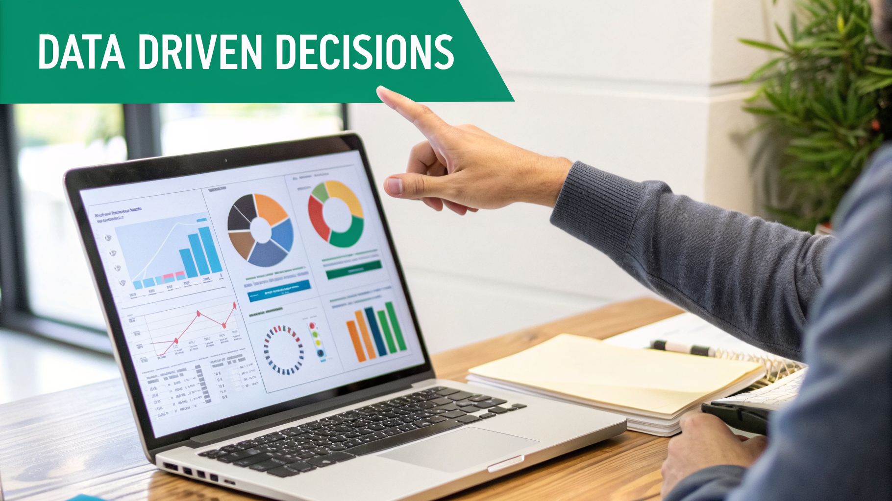 A person pointing at a laptop screen displaying various data charts and graphs, emphasizing data-driven decisions.