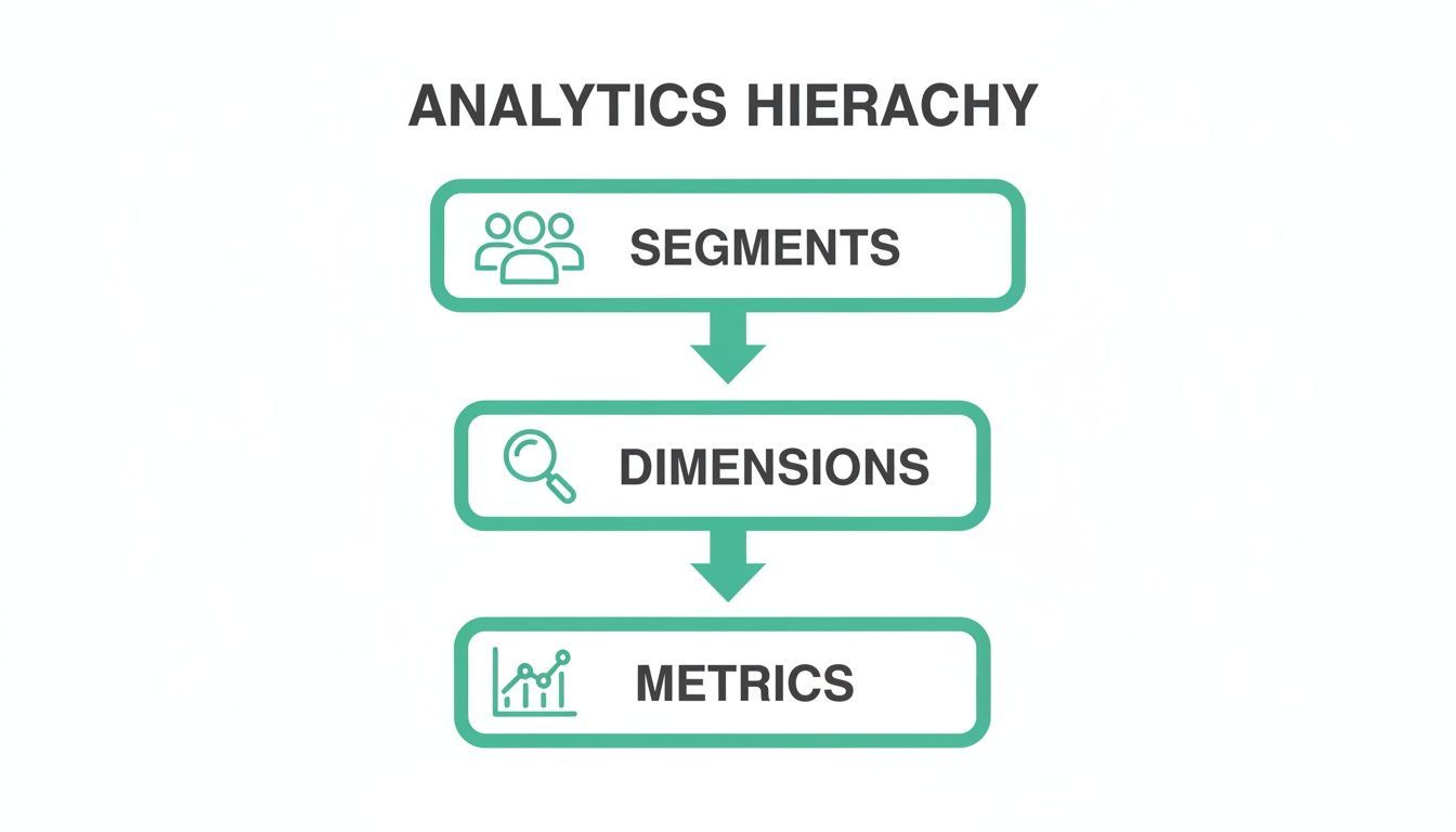 A diagram illustrating the analytics hierarchy, detailing segments, dimensions, and metrics with associated icons.