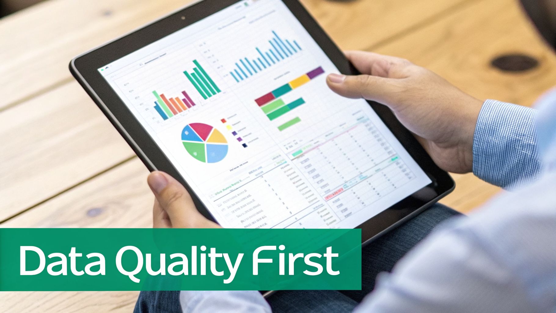 Hands holding a tablet displaying colorful data visualizations, charts, and tables for marketing analytics.