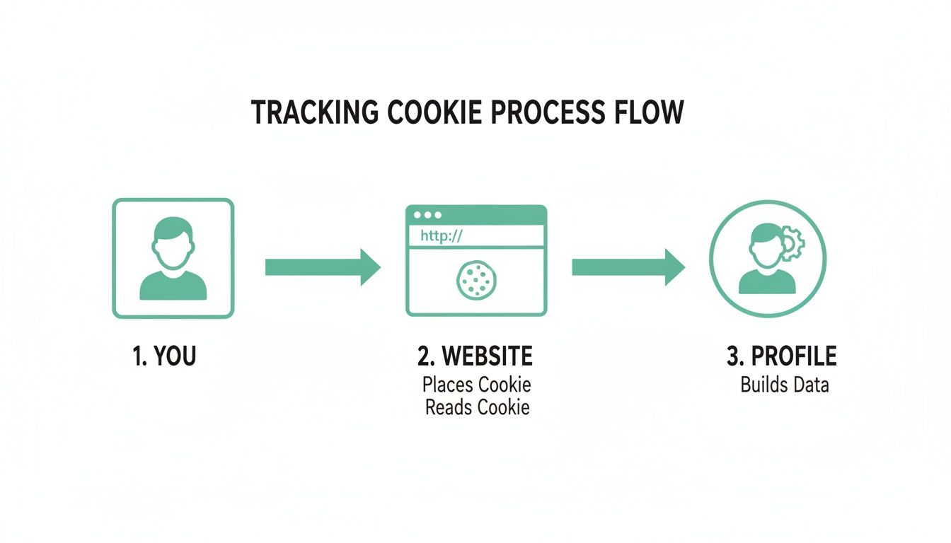 Flowchart illustrating the tracking cookie process from a user to a website, building a data profile.