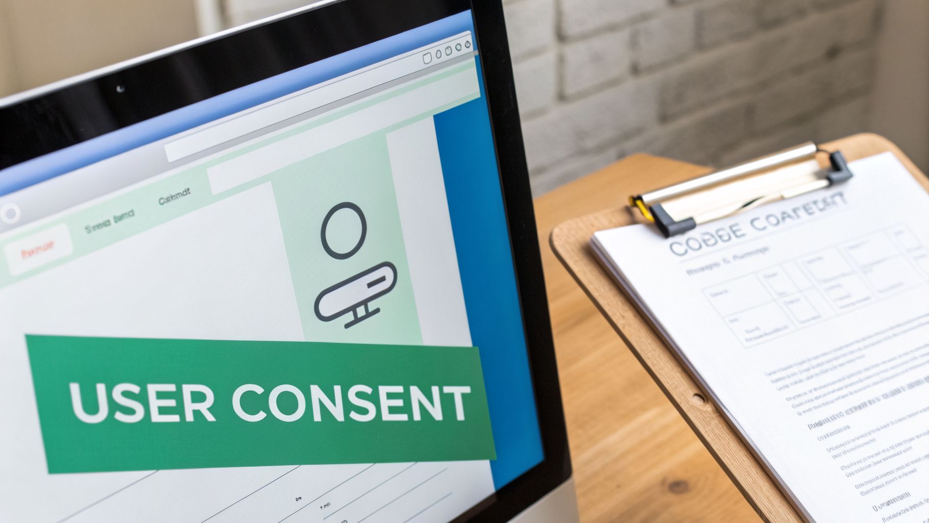 A laptop screen displays a 'USER CONSENT' banner, with a 'COOKIE CONSENT' form on a clipboard nearby.