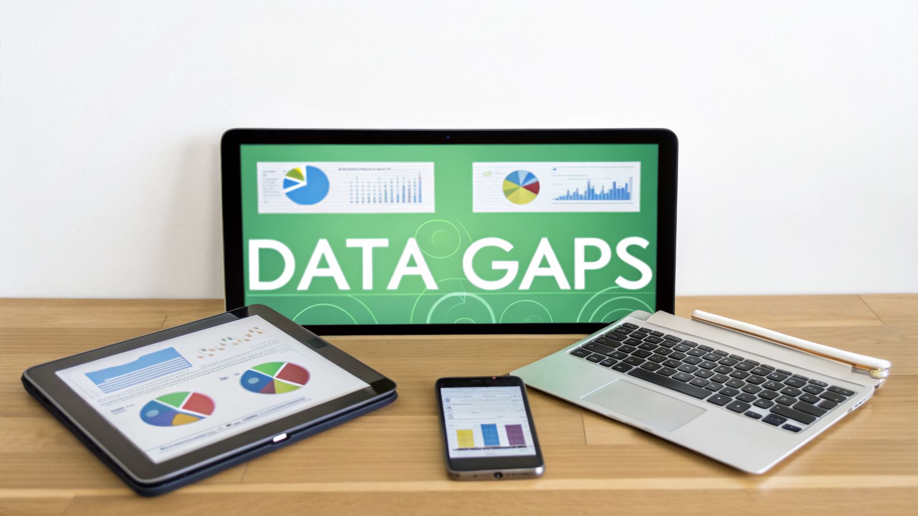 A large screen shows 'DATA GAPS' with charts, alongside a tablet, smartphone, and laptop keyboard.