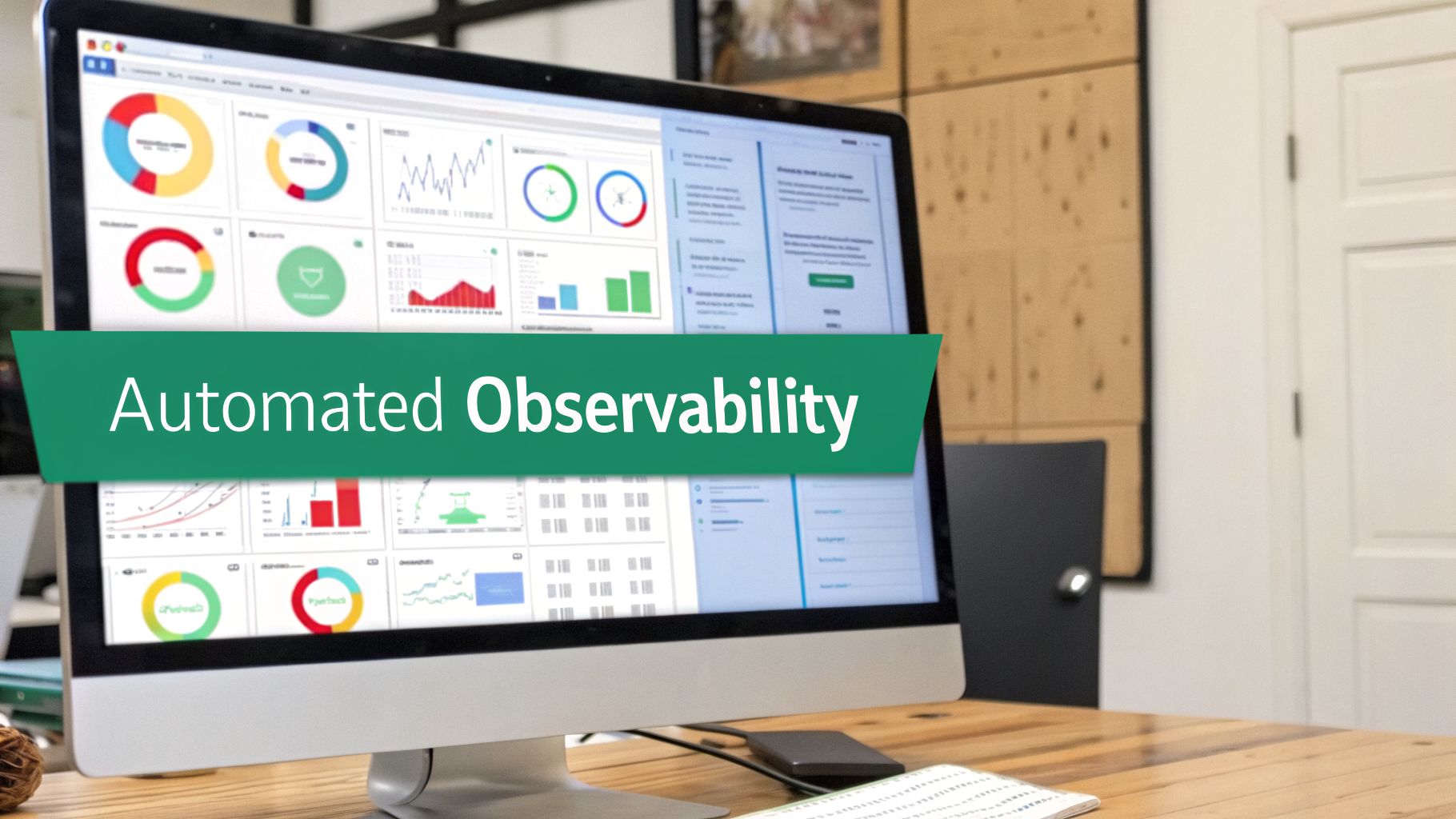 A computer monitor displaying a dashboard with charts and graphs, featuring the text 'Automated Observability'.