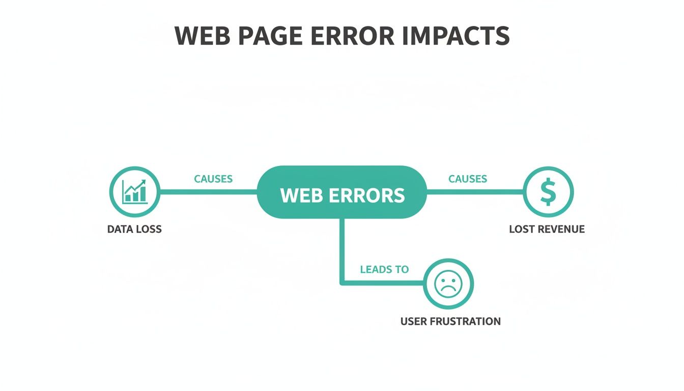 A diagram illustrating the impacts of web page errors, including data loss, lost revenue, and user frustration.