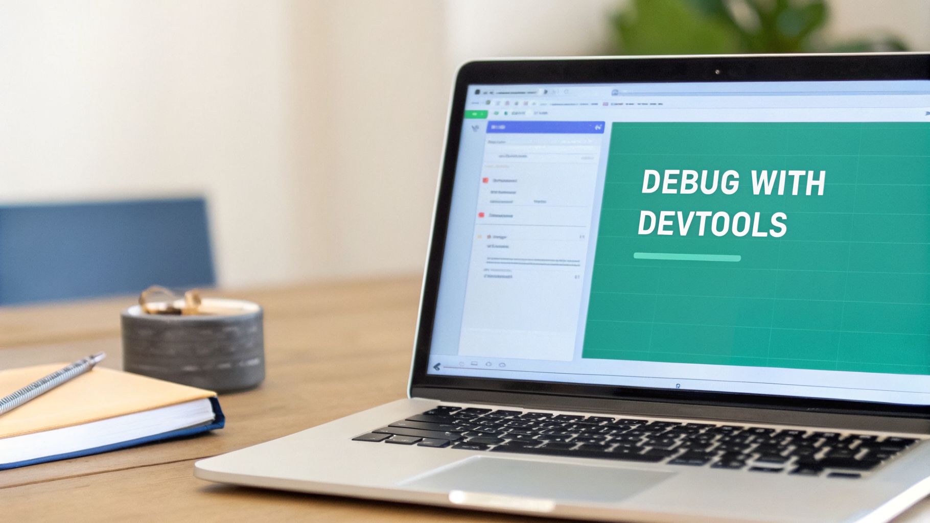 A laptop on a wooden desk displays 'DEBUG WITH DEVTOOLS' on its screen, alongside a notebook and pen.