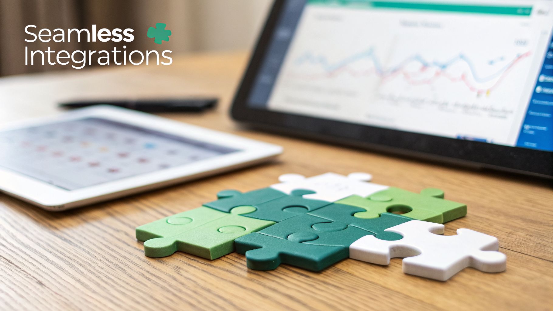 Puzzle pieces connecting on a wooden desk with blurred tablets displaying data, symbolizing seamless integrations.
