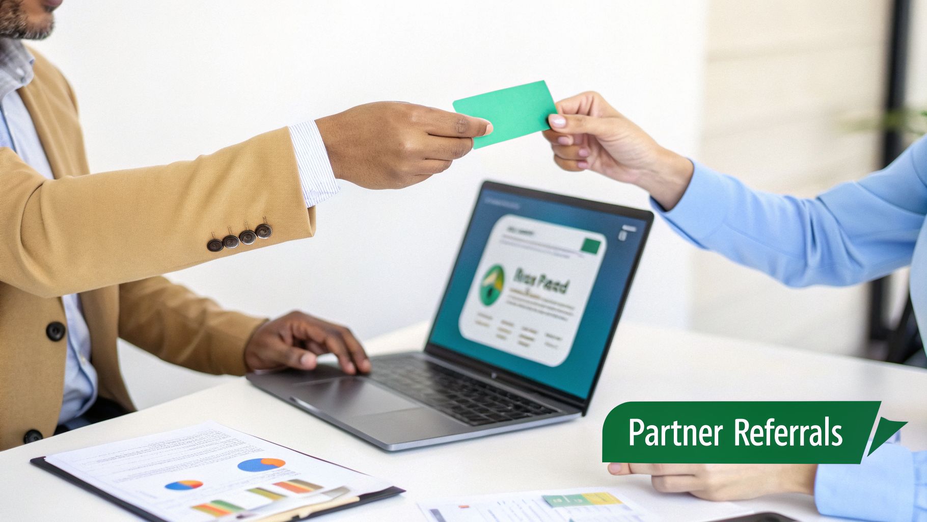 Business professionals exchange a green referral card, symbolizing partnership and new client acquisition.