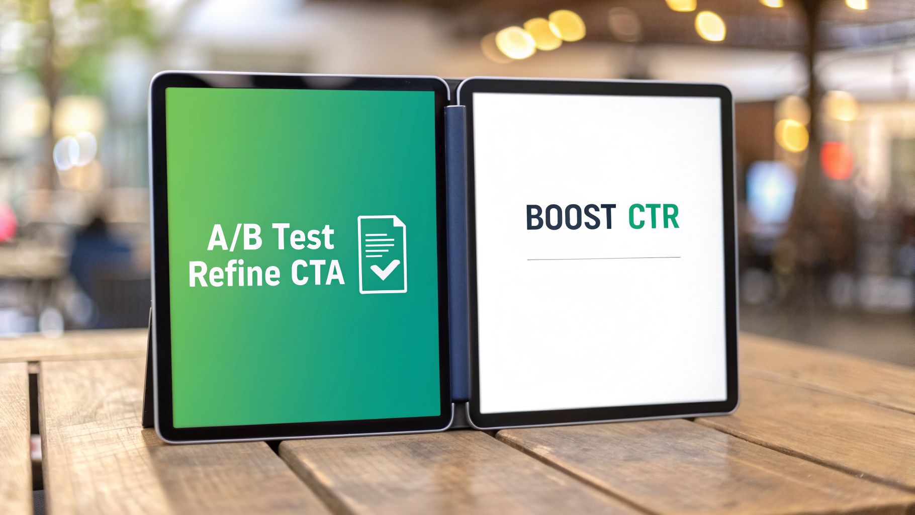 Two tablets on a wooden table displaying A/B testing concepts to boost CTR.