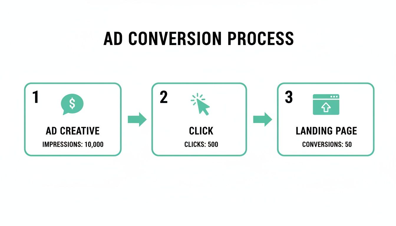 Infographic illustrating the ad conversion process, showing impressions, clicks, and conversions with metrics.