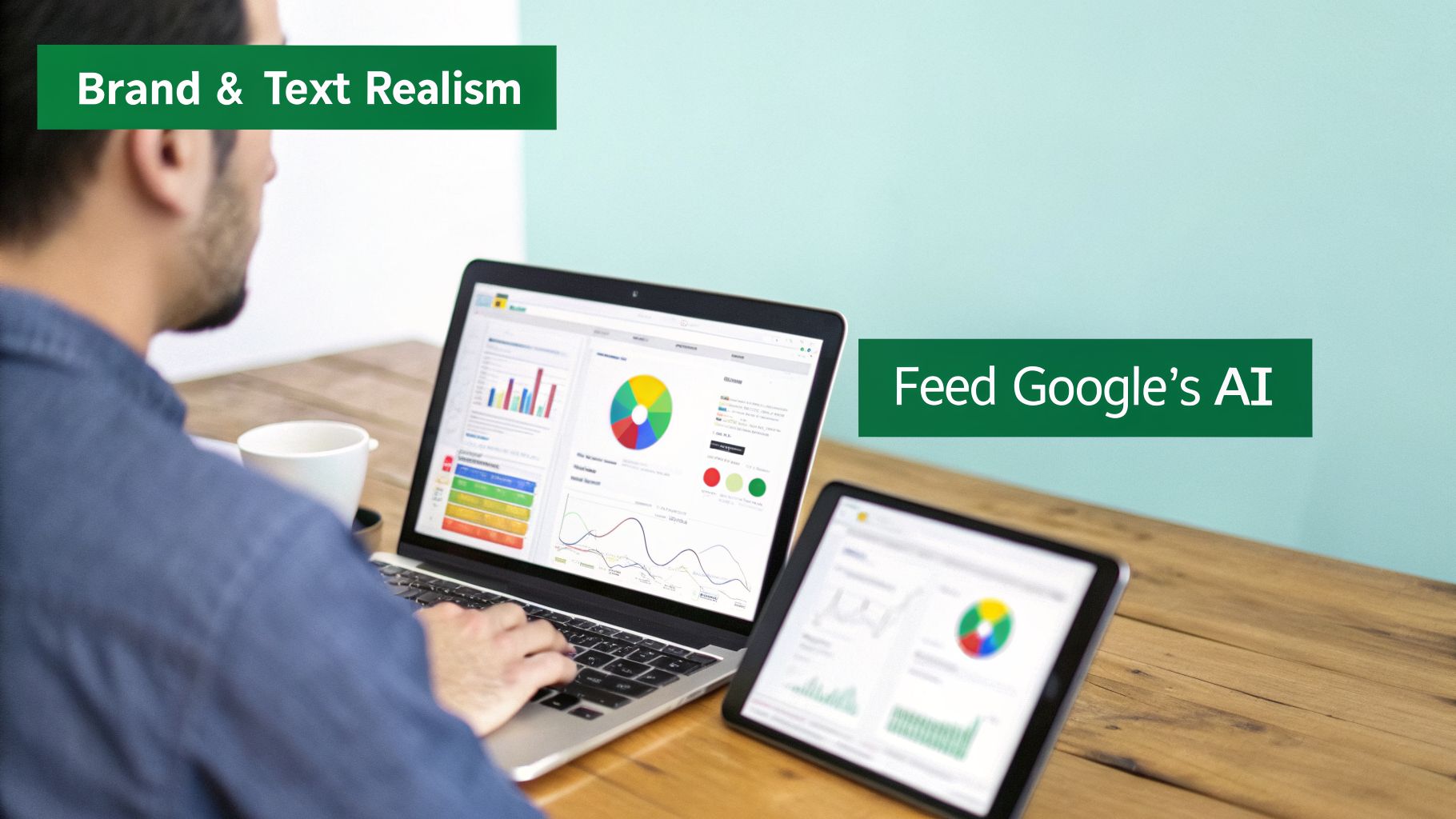 A person works on a laptop and tablet displaying data, with text overlays about Google's AI.