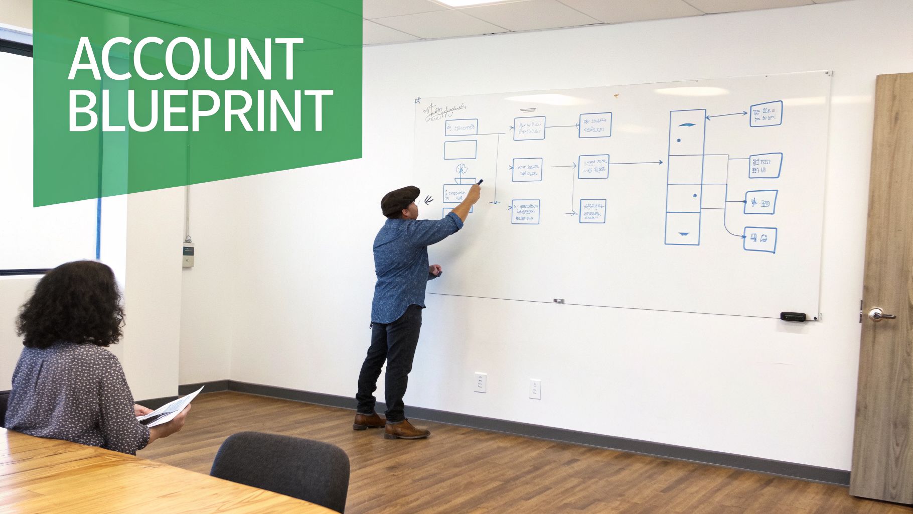 A man actively draws a business diagram on a large whiteboard, observed by a seated woman.