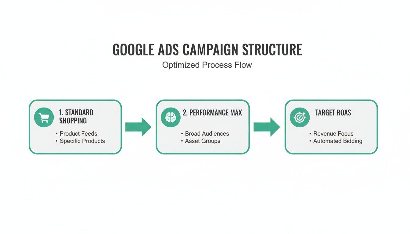 Google Ads campaign structure diagram showing an optimized flow from Standard Shopping to Performance Max to Target ROAS.