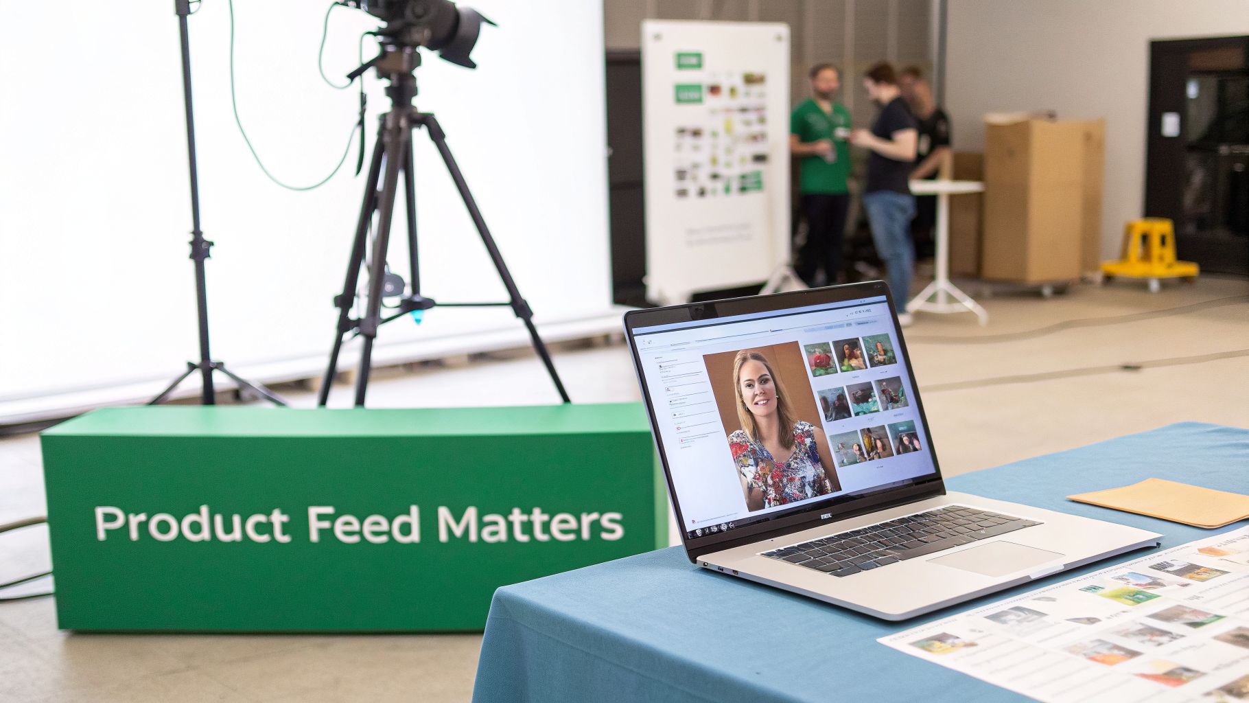 A laptop displays photos, including a woman, on a table near a 'Product Feed Matters' sign and camera setup.