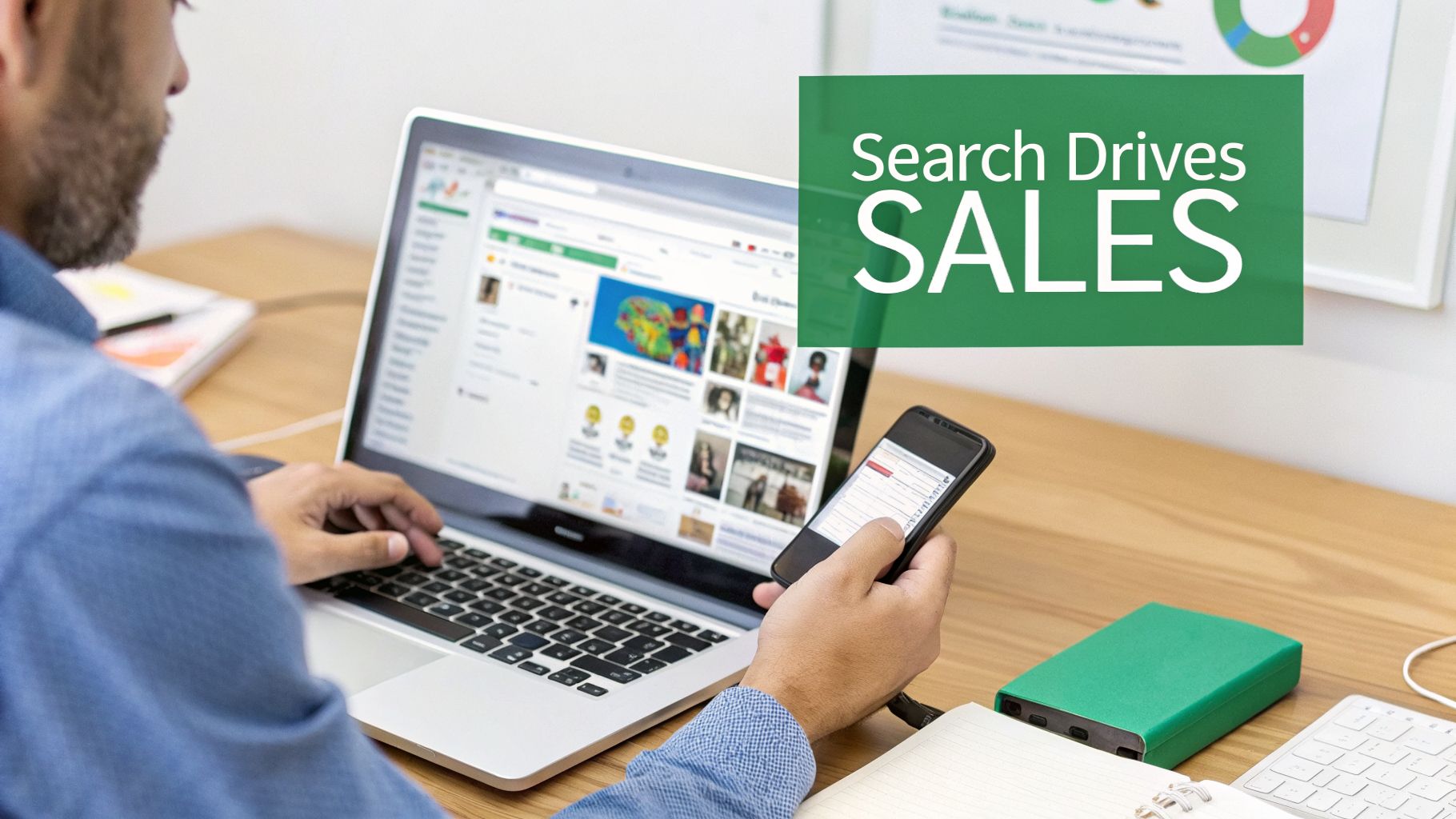 A man works on a laptop and checks his smartphone on a wooden desk, emphasizing 'Search Drives SALES'.