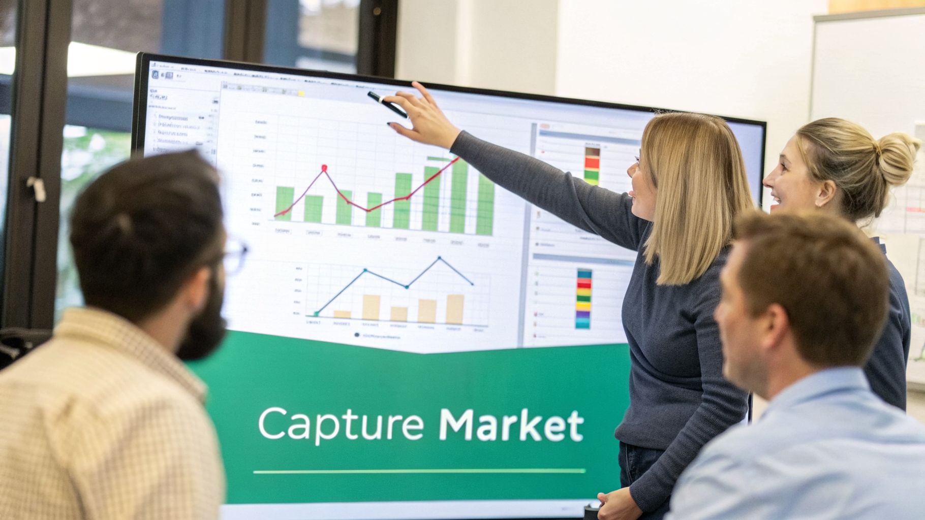 A woman points at a large screen displaying business charts and graphs to her colleagues in a meeting.