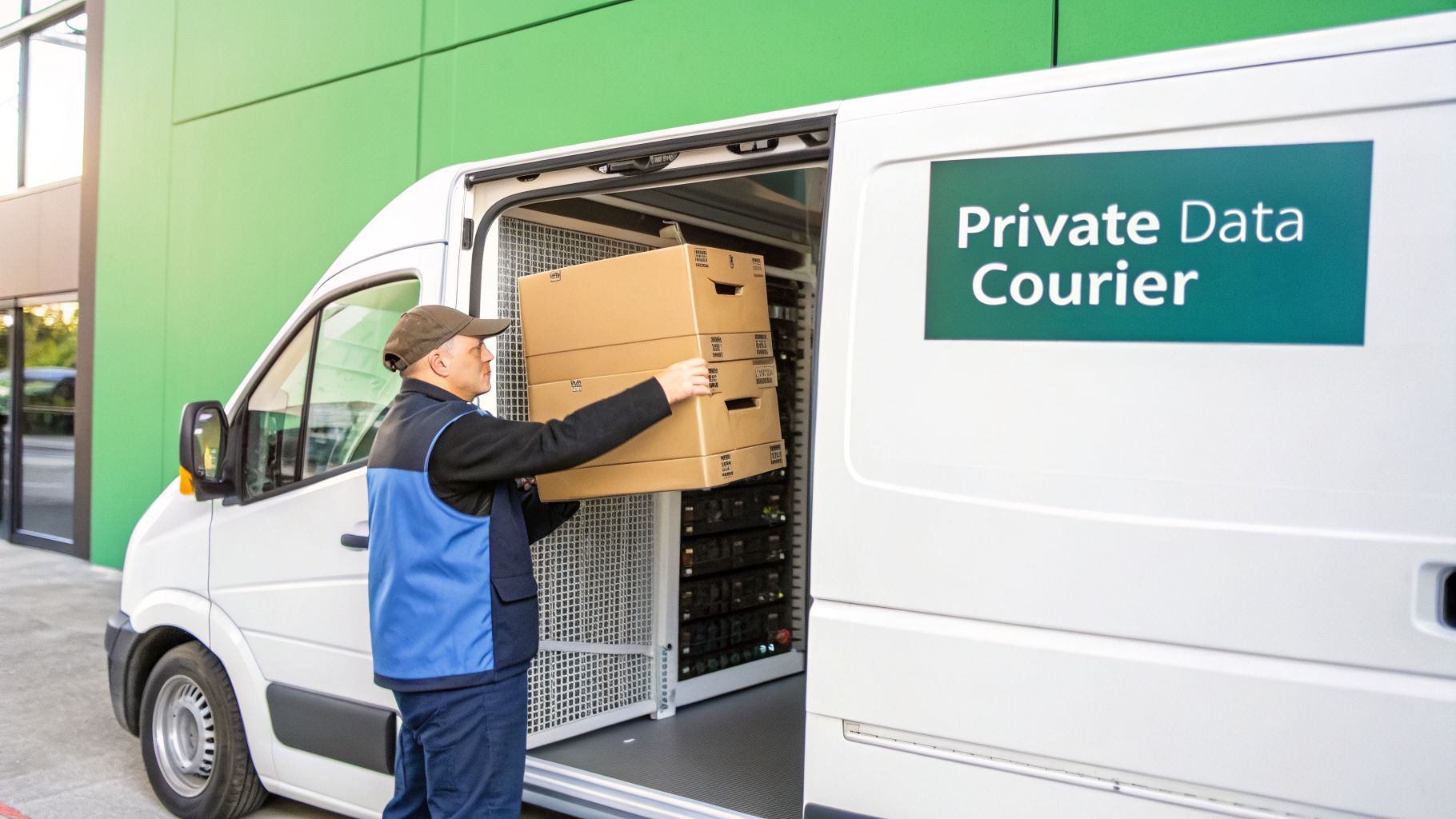 A man in a courier uniform loads cardboard boxes into a white van marked 'Private Data Courier'.