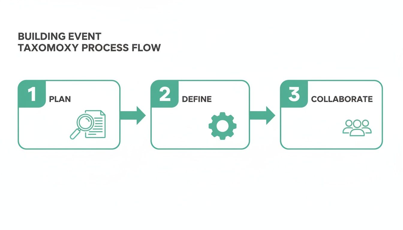 A three-step process flow diagram illustrating building event taxonomy: Plan, Define, and Collaborate.