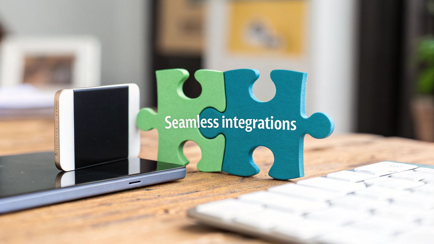 Two interlocking puzzle pieces, green and blue, displaying 'Seamless integrations' next to smartphones on a wooden desk.