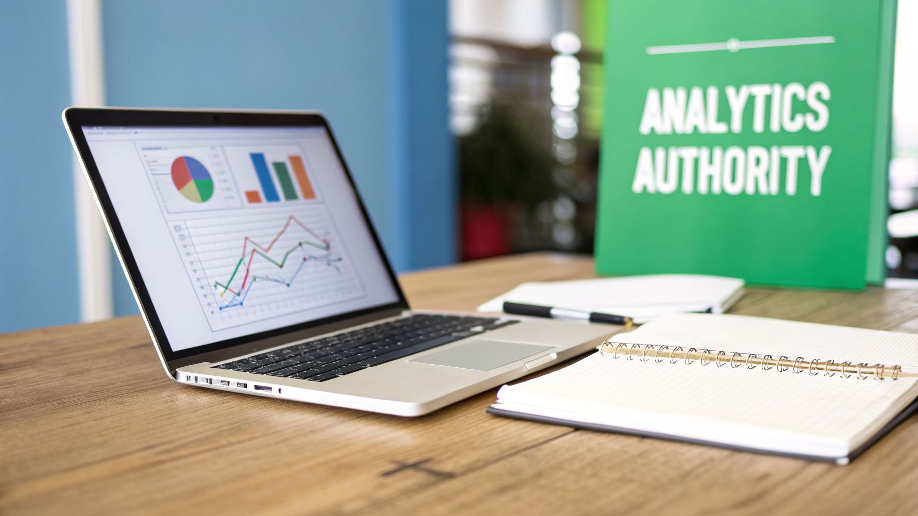 A laptop displays data analytics charts and graphs on a wooden desk with an 'Analytics Authority' binder.