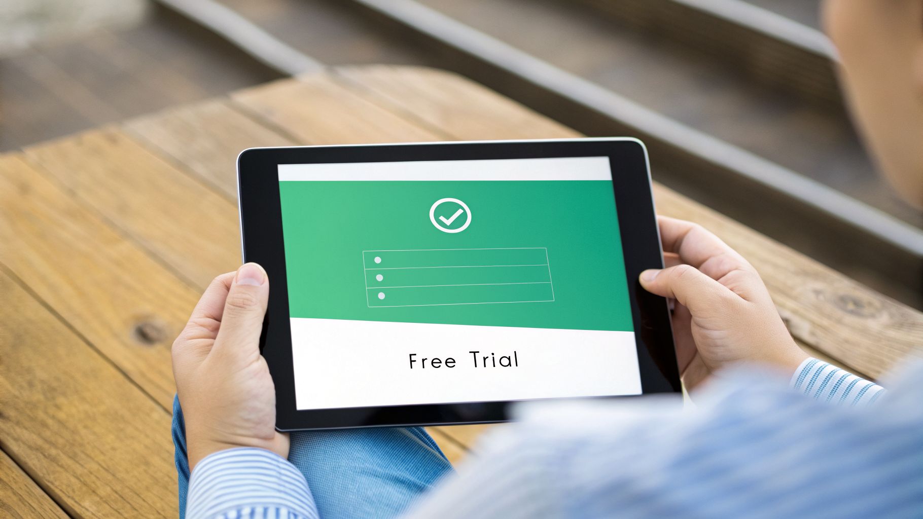 A person holds a tablet displaying a 'Free Trial' screen with a checkmark and three input fields.