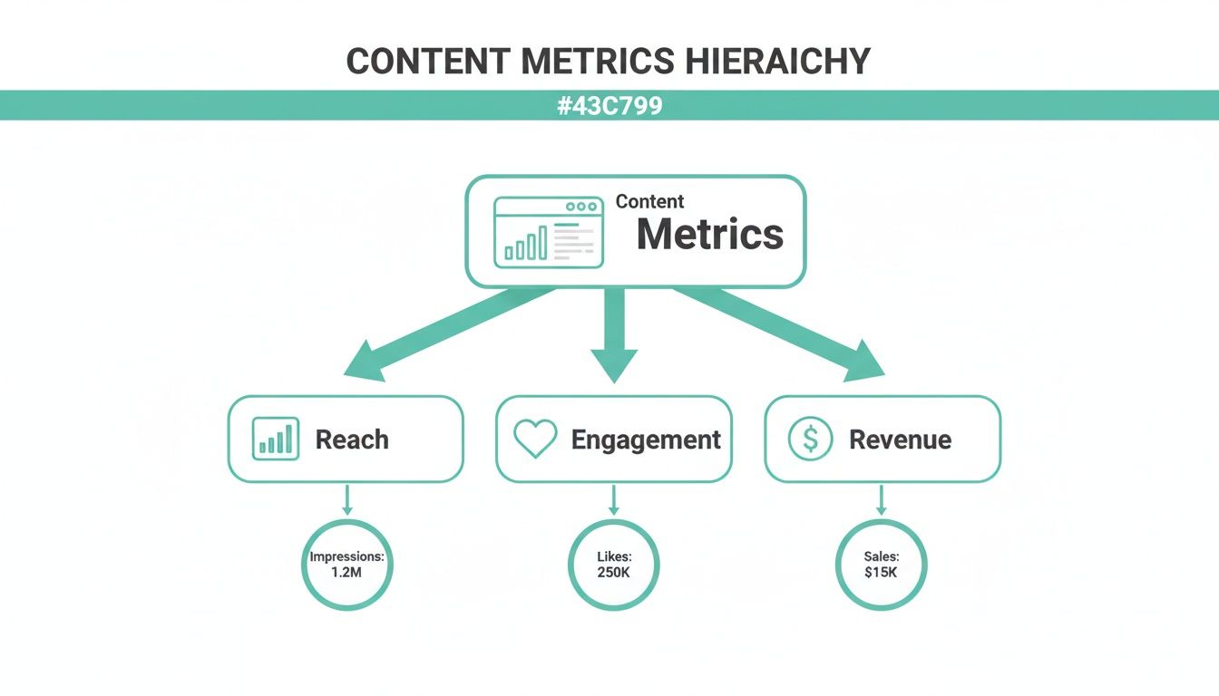 Content metrics hierarchy illustrating Reach, Engagement, and Revenue with key performance indicators.