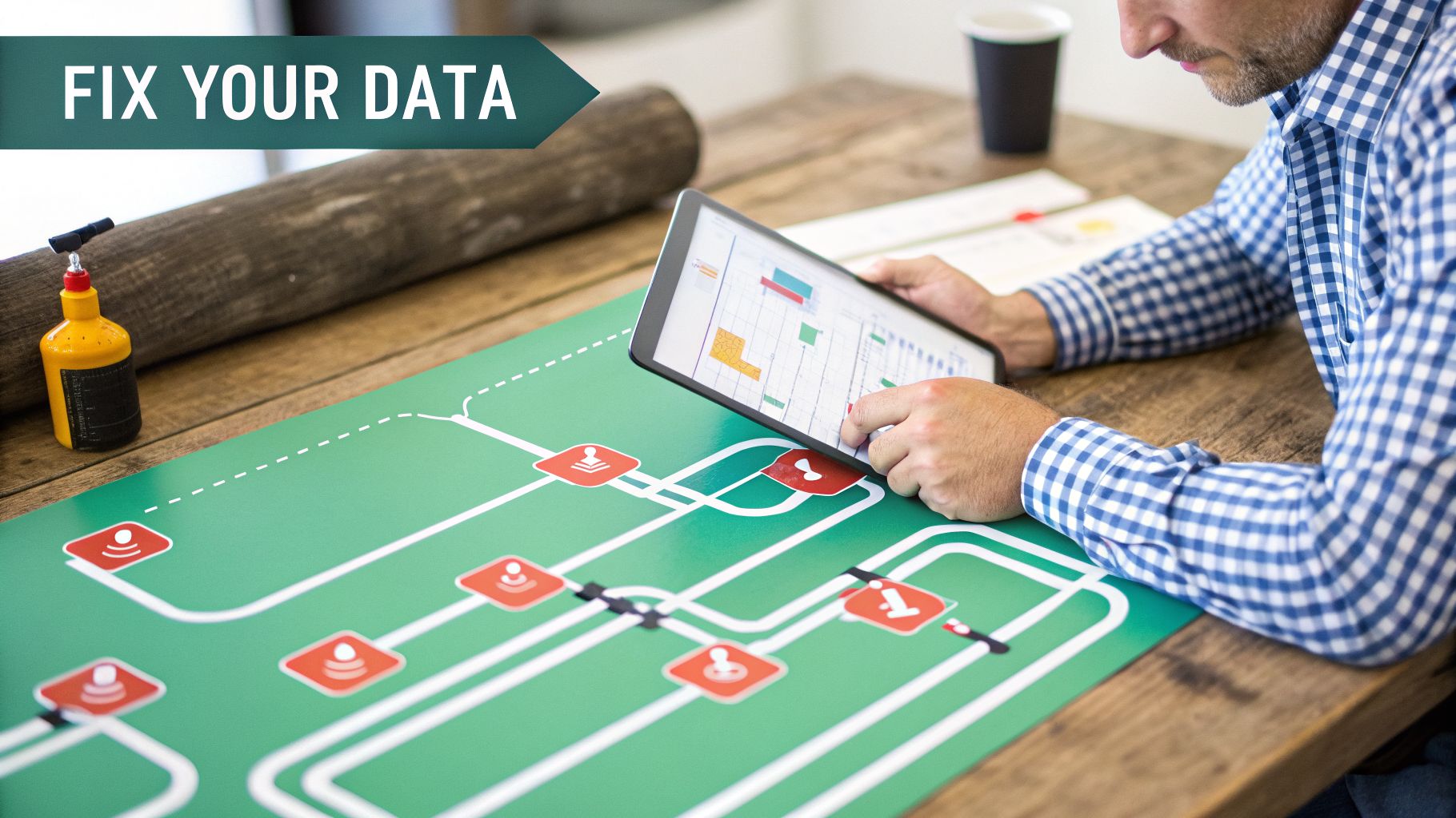 Man analyzing data on a tablet with charts, a process flow diagram, and 'FIX YOUR DATA' text.