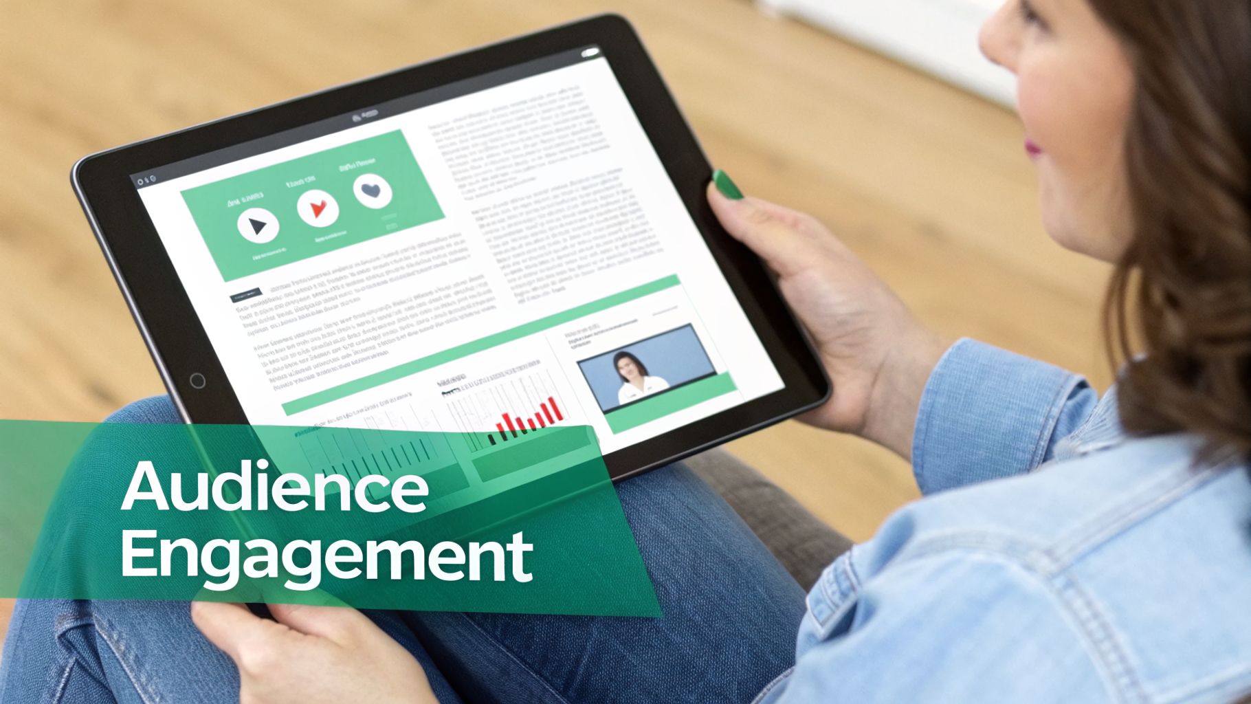 Woman holding a tablet displaying audience engagement metrics with a green 'Audience Engagement' overlay.