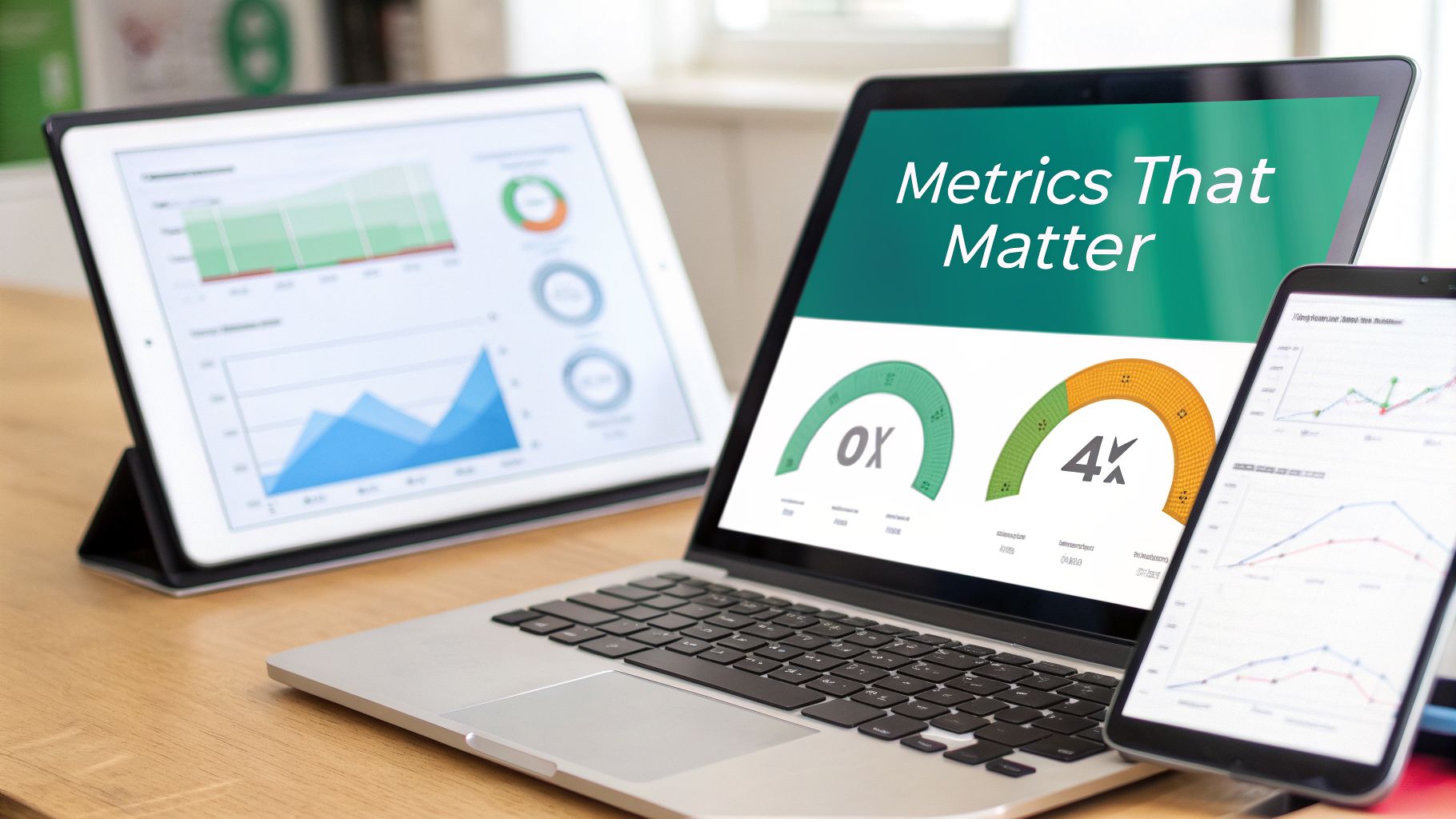 Multiple devices displaying business analytics and performance metrics, including a laptop, tablet, and smartphone.