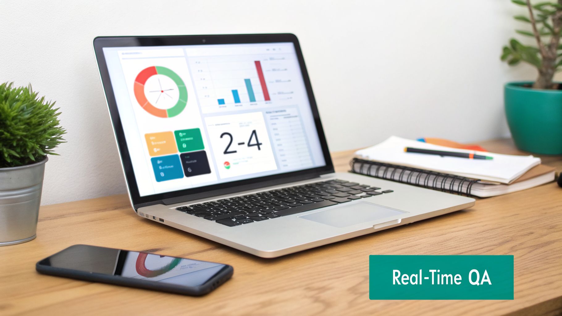 Laptop displaying a data dashboard with charts and numbers, next to a smartphone on a desk.