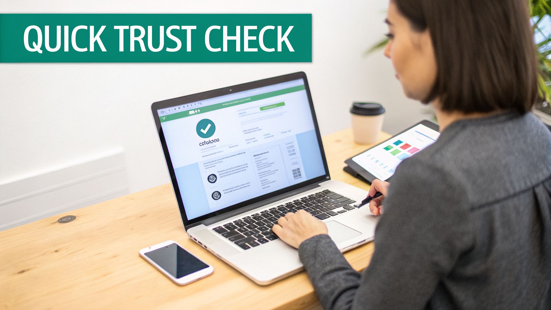 A person doing a quick trust check on a website on a laptop and tablet.