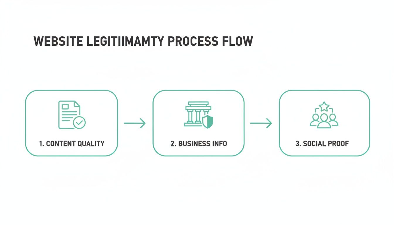 A flowchart detailing the three-step process for determining website legitimacy: content quality, business information, and social proof.