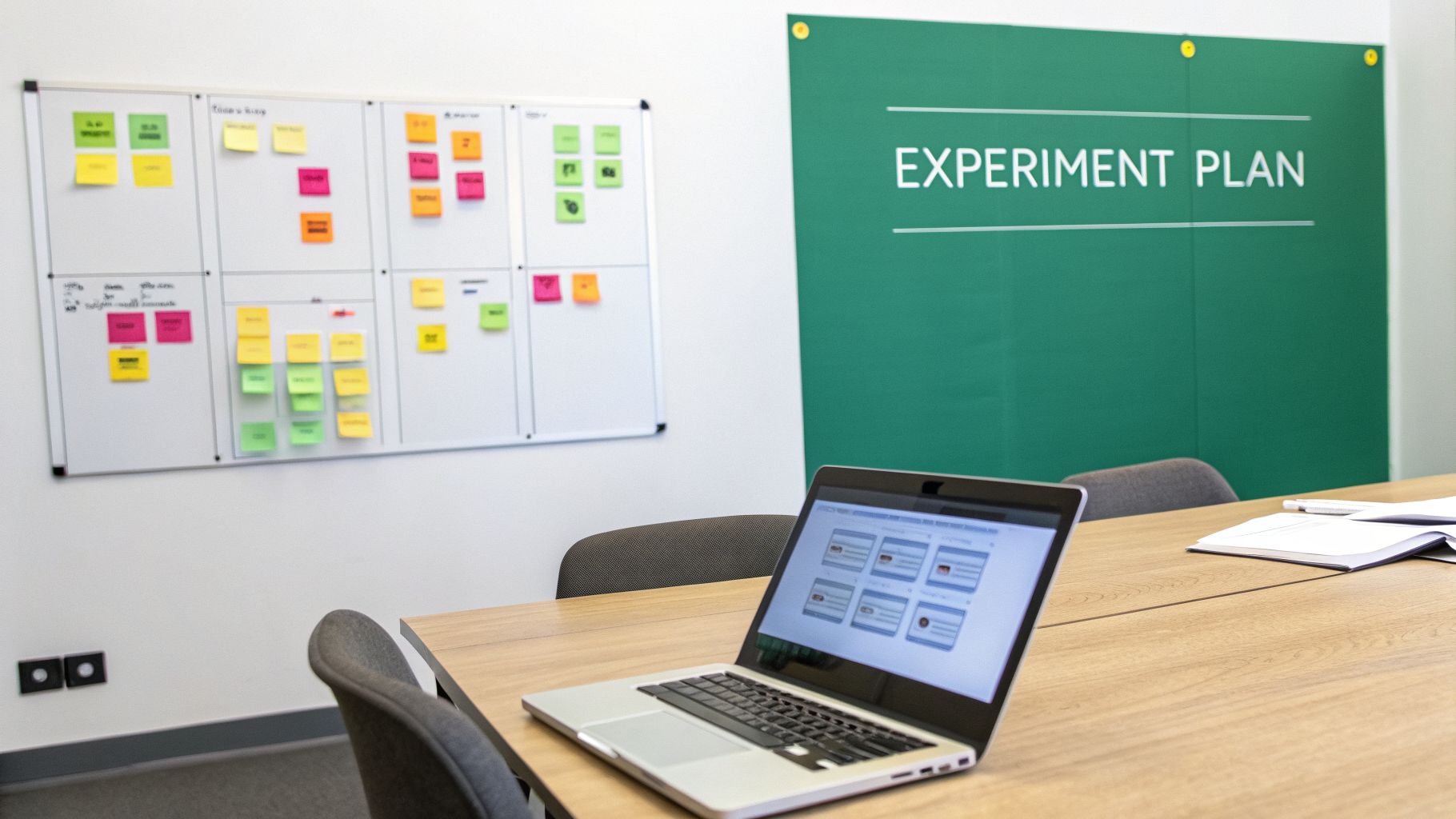 A modern office or meeting room with a whiteboard full of sticky notes, a green 'EXPERIMENT PLAN' board, and a laptop on a wooden table.